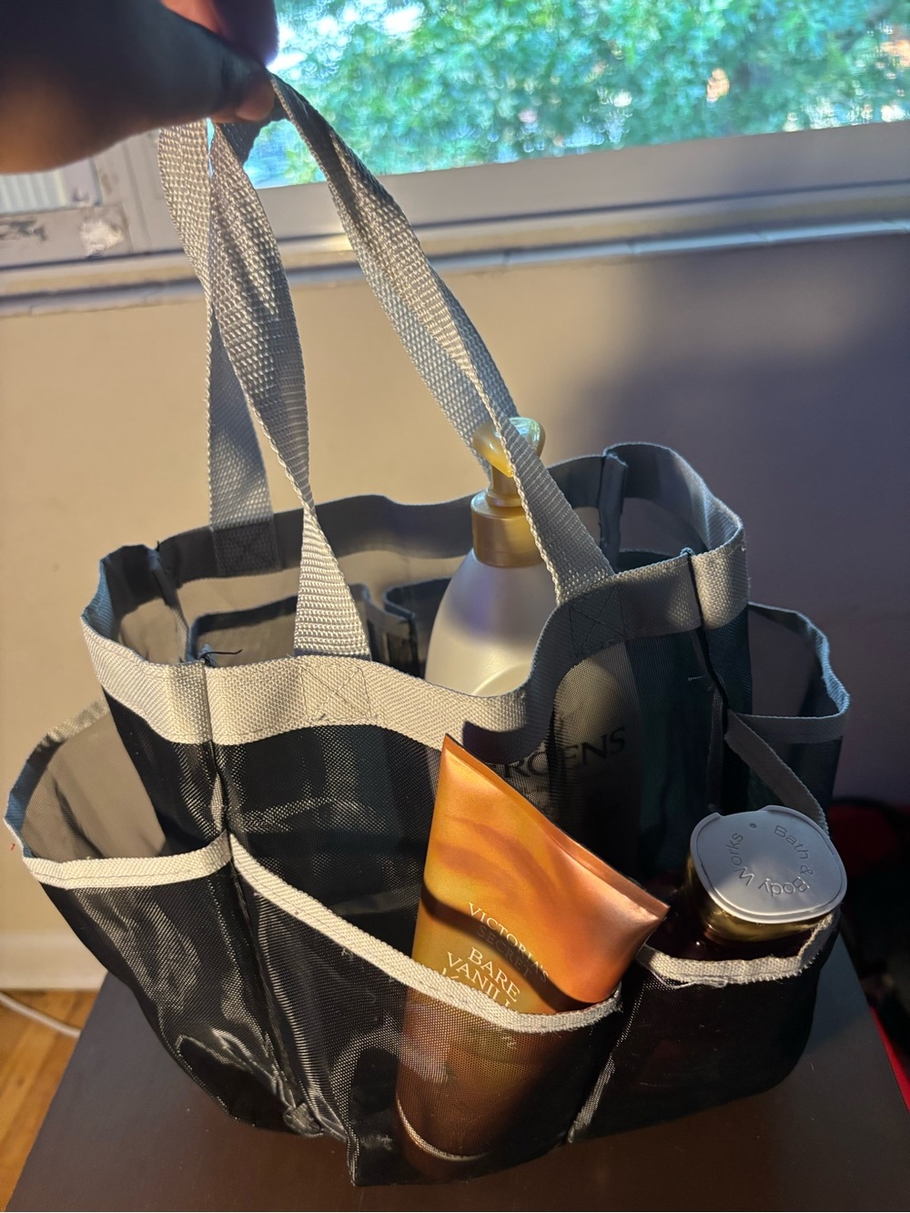 Black Mesh Shower Caddy with 6 Pockets | College Dorm Bathroom Organizer